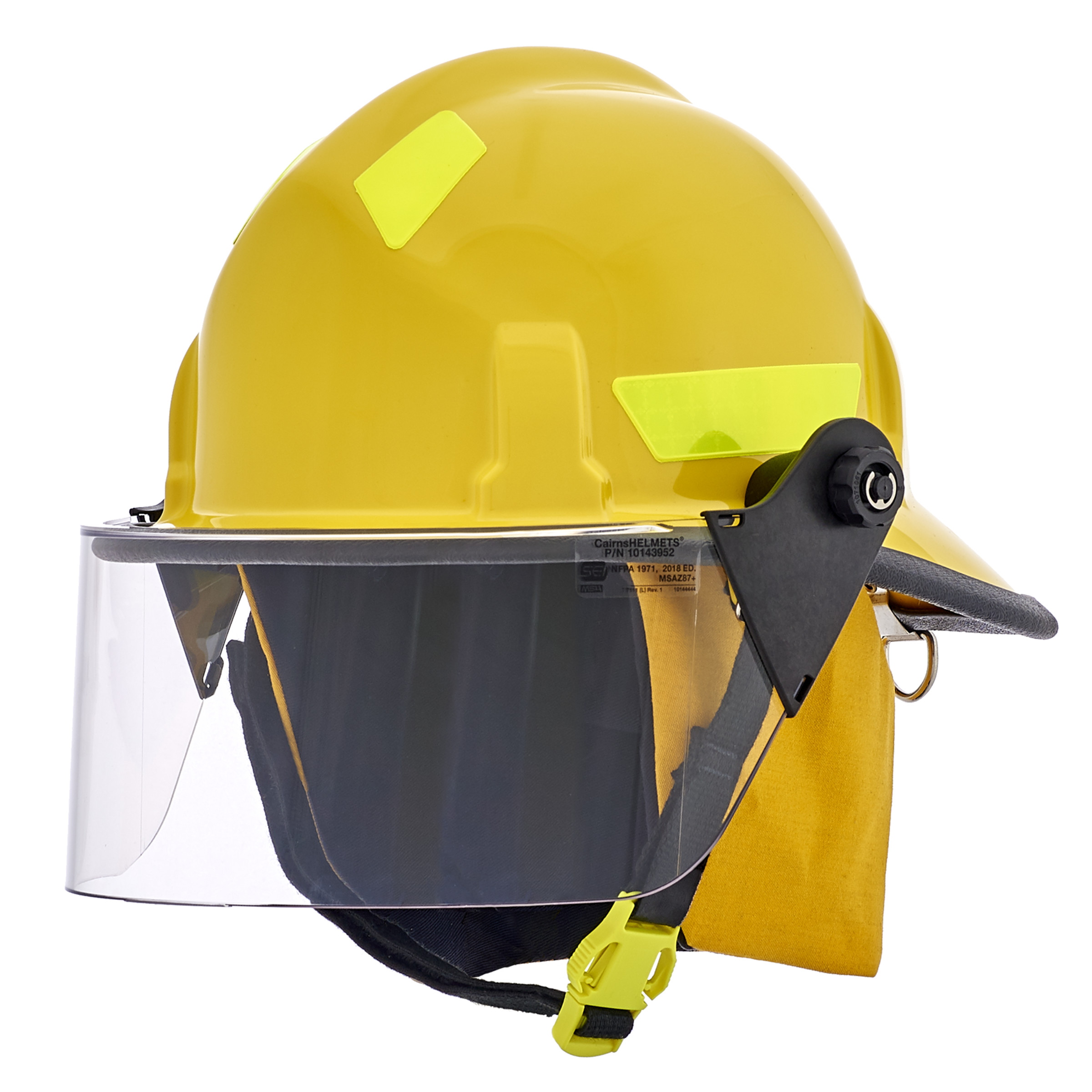 Cairns 360S, yellow, 4" Standard Faceshield, Economy Flannel Liner, Nomex Earlap, Nomex Chinstrap w/ Quick Release, Lime/Yellow Reflexite, Tetrabar